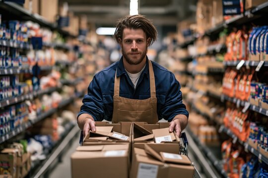 Young retail employee restocking grocery shelves with boxes before the store opens, with a clean uncluttered composition