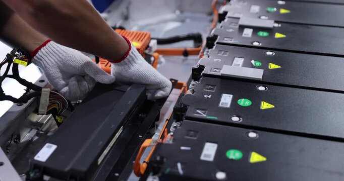 Close-up of a gloved technician positioning a rectangular component inside an open electric vehicle battery pack.