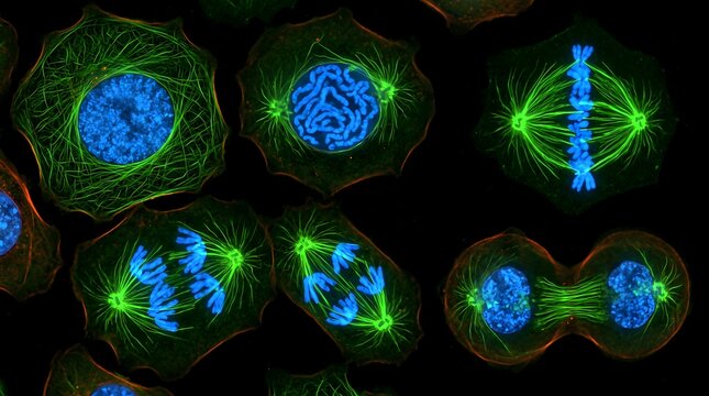 Microscopic view of cells undergoing various stages of mitosis