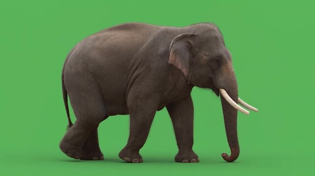 Asian elephant walking in side profile on green screen
