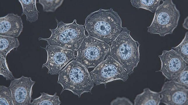 Microscopic 3d illustration of human cell structure and nuclei