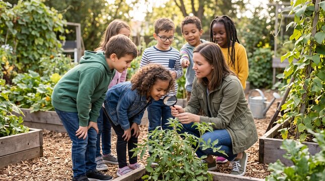 Teacher Guiding Kids in Outdoor Science Class