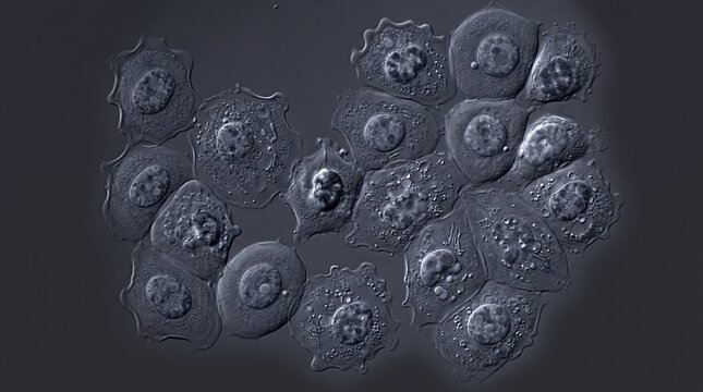 Microscopic view of biological cells showing nuclei and membranes