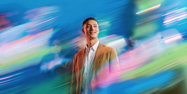 Optimistic Asian Creative Professional Standing Amid Abstract Pastel Blue Pink Green Motion Streaks