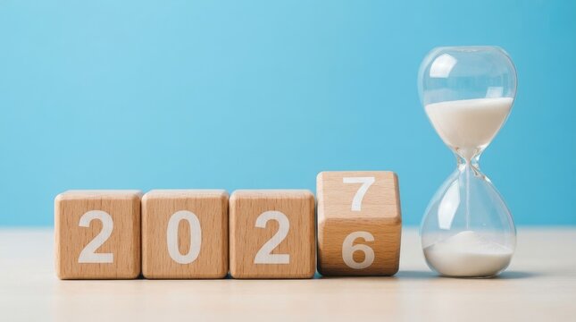Wooden blocks spelling 2026 with a rotating cube showing 27 next to an hourglass on a blue background, concept of passing time and new year transition 2027