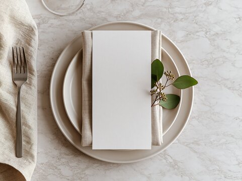 Elegant table setting with menu card and greenery