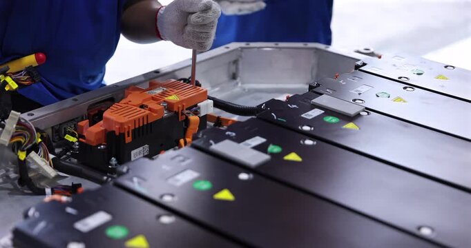 Close-up of a gloved technician using a hand tool to tighten fasteners inside an electric vehicle battery pack. Battery modules, orange electrical components.
