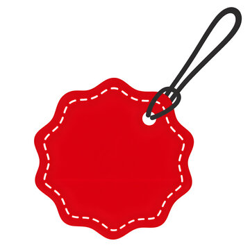 Red decorative Christmas gift tag with scalloped edges, white stitched border, and hanging string isolated on a transparent background. Suitable for holiday gifts, packaging, greeting cards, labels, a
