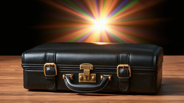Black briefcase with colorful light burst behind