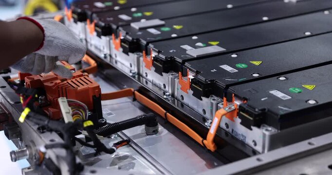 Close-up of a technician wearing gloves connecting wiring to an electric vehicle battery pack. Battery modules, orange electrical connections, and wiring harnesses are visible inside the open housing 