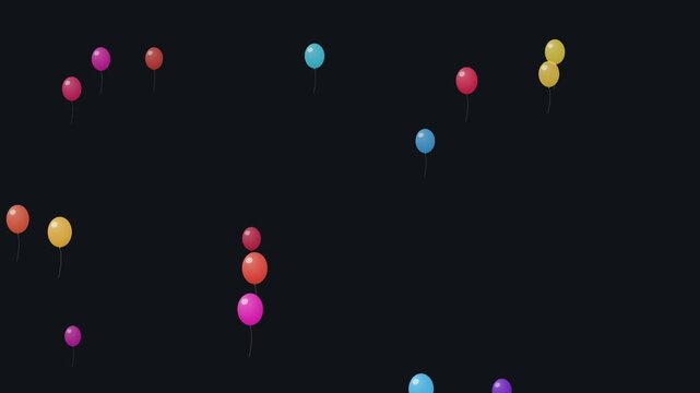 Colorful party balloons floating up continuously on dark background loop for birthday celebration, anniversary event, festival, and grand opening backdrop.