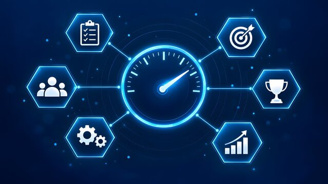Futuristic digital dashboard representing business performance management and key performance indicators with a glowing speedometer and icons for goals, team, productivity, and success on blue