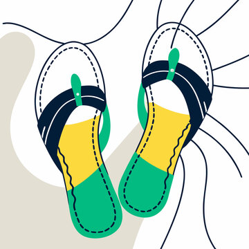 รองเท้าหนีบกราฟิกสีเขียวเหลือง,Green and yellow flip-flops