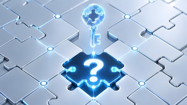 3D Rendering of Metallic Puzzle Pieces with a Glowing Blue Question Mark and a Floating Digital Solution Key Representing Business Logic, Problem Solving, Innovation, and Strategic Achievement.