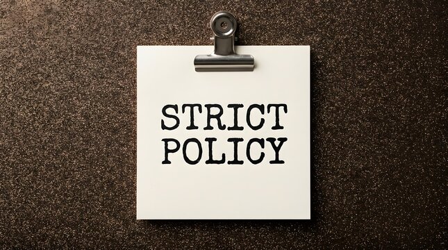 A white square paper note held by a metal clip against a dark textured background with the words strict policy typed clearly in bold uppercase letters