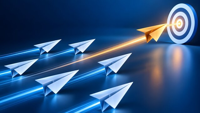 Leadership and Success Concept with a Golden Paper Plane Hitting the Center of a Target Bullseye Followed by a Group of White Paper Planes on a Blue Background with Glowing Light Trails.