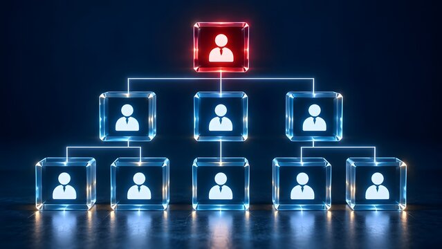 Abstract business organizational chart showing corporate hierarchy with glowing glass cubes and human icons, representing leadership management and team structure on a dark background