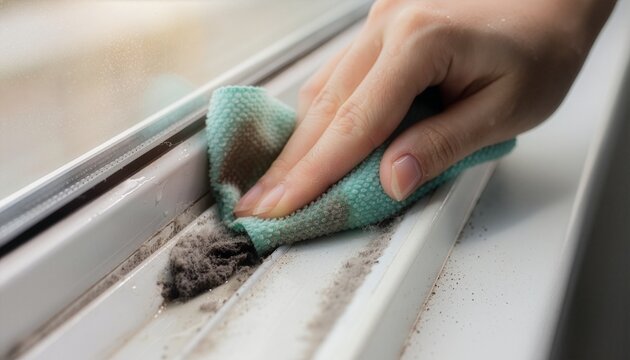 Hand wiping thick dust and dirt from window tracks with a damp microfiber cloth.