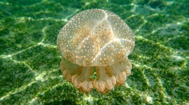 Golden spotted jellyfish with caustic light patterns below