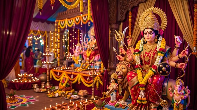 Vibrant Hindu festival celebration with elaborately decorated goddess idol