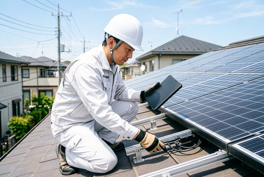 住宅の屋根でソーラーパネルを点検するホームインスペクター ｜太陽光発電・再生可能エネルギー・住宅診断士の設備保守のイメージ