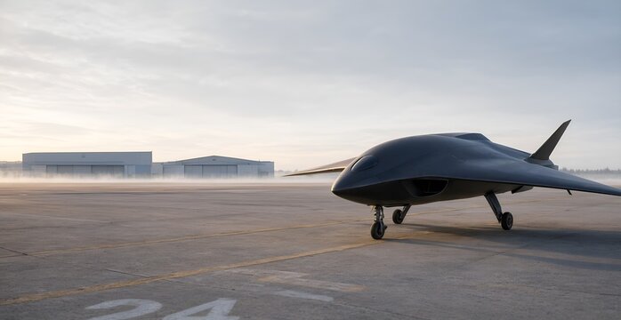 Futuristic stealth drone aircraft parked on an airport runway during a misty morning sunrise.