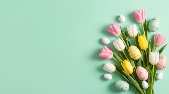 Colorful tulips and decorated easter eggs arranged on a solid light green background surface with tulips pink
