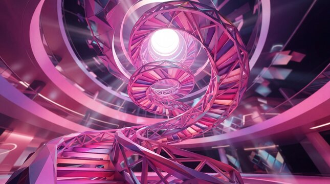 Modern geometric spiral staircase with vibrant pink lighting in