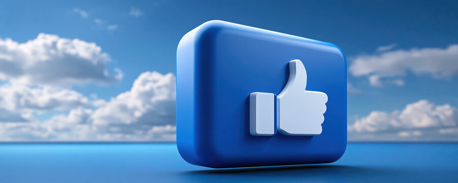Blue thumbs up icon beside ocean under cloud sky, expressing positive approval, social engagement, digital communication, and optimistic sentiment
