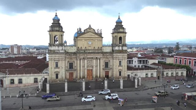 Aerial view zoom out of Metropolitan Cathedral in Guatemala City