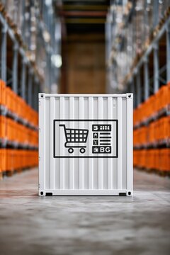 White shipping container with shopping cart icon in