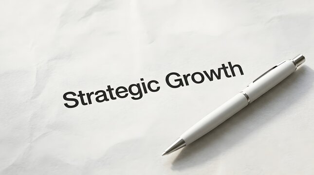 A white pen resting on textured paper featuring the bold black text Strategic Growth, representing business planning and corporate development concepts