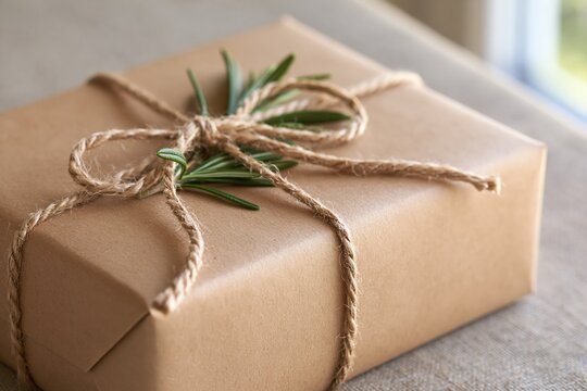 rustic brown gift wrapped in twine with rosemary