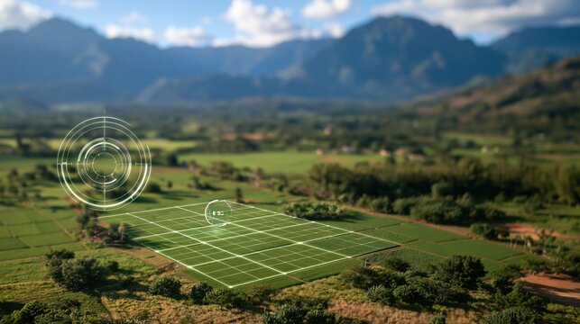 Aerial view of green fields with digital technology