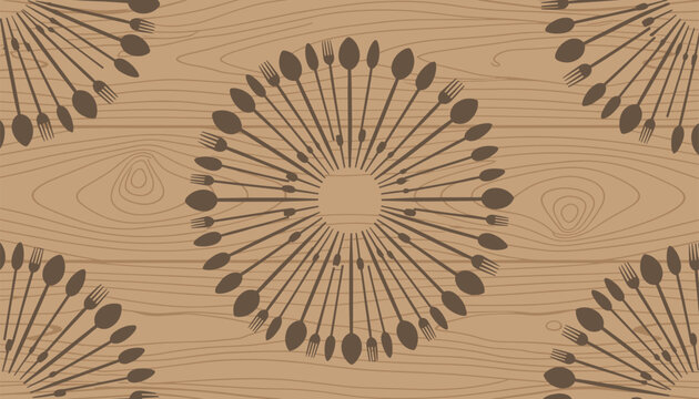 Decorative pattern displays brown silhouettes of spoons and forks arranged in circular sunburst designs on a light colored wooden texture.