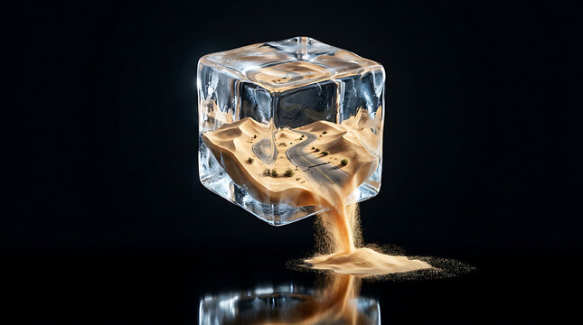Surreal melting ice cube with desert sand flowing, conceptual melting frozen landscape block, global warming creative art concept