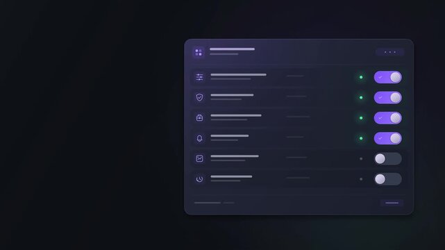 Animated dark mode UI settings panel with toggle switches activating sequentially