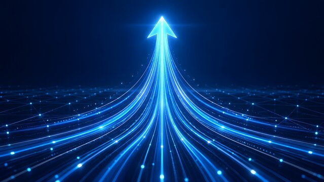 Abstract glowing blue upward arrow representing business growth, digital data connection, technology success, financial progress, and future innovation in a futuristic network environment