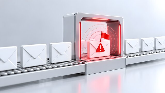 3D illustration of a digital mail sorting system on a conveyor belt with a scanning gate detecting and flagging a suspicious message or phishing email with a red warning icon and flag.