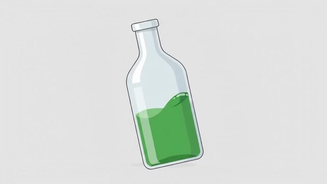 Green liquid sloshing in a glass bottle, subtle motion, animation loop, science concept