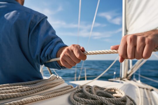 Two sailors pull rope on sailboat deck ocean