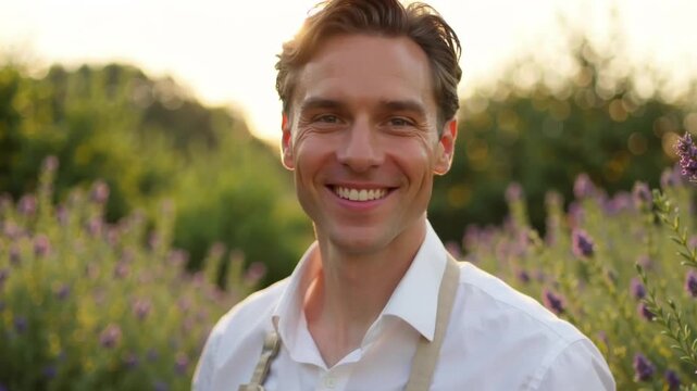 Charismatischer G&auml;rtner l&auml;chelt in sonnigem Kr&auml;utergarten