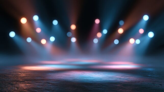 Colorful spotlights illuminate empty stage floor