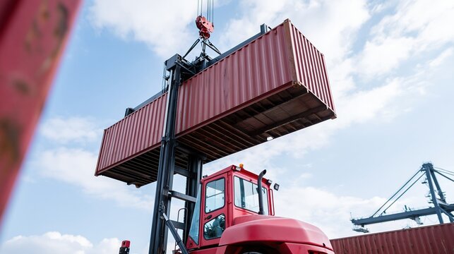 Red container crane lifting shipping boxes at port