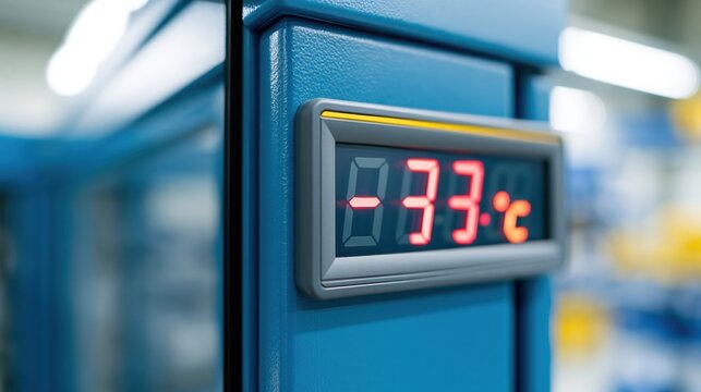 Digital thermometer displays minus thirty three degrees celsius