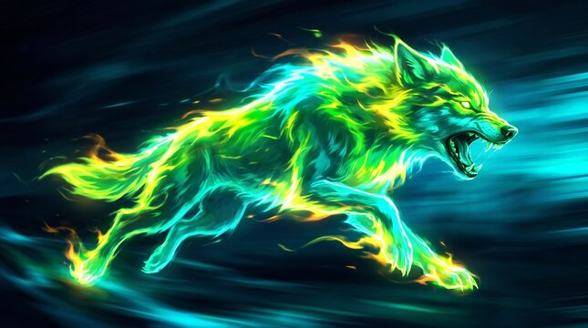 A wolf made of green and yellow flames running at high speed against a dark background with fire runs rapidly