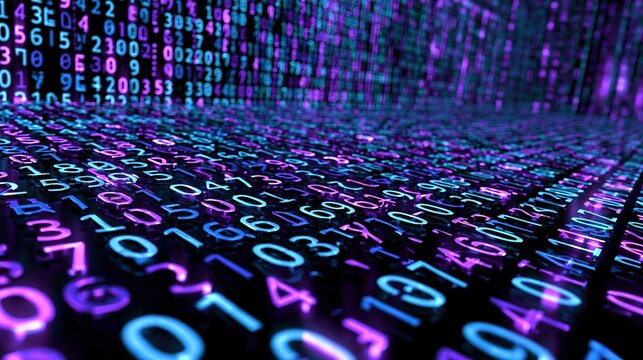 Digital binary code matrix with purple and blue