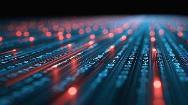Abstract blue and red binary code streams flowing