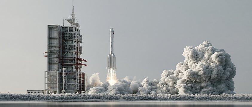 White rocket launches from tower with massive smoke