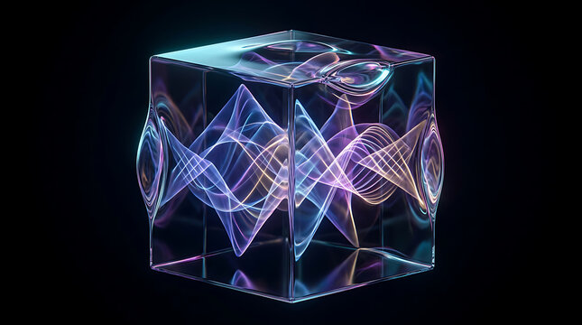 Futuristic Glass Cube with Glowing Quantum Waves, Futuristic Abstract 3D Geometric Block, Modern Cyberpunk Light Effect Background